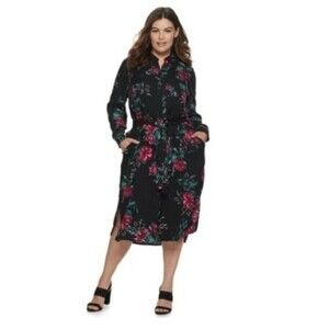 EVRI Long Floral Shirt Dress Rayon Stretch Waist Plus Size 3X